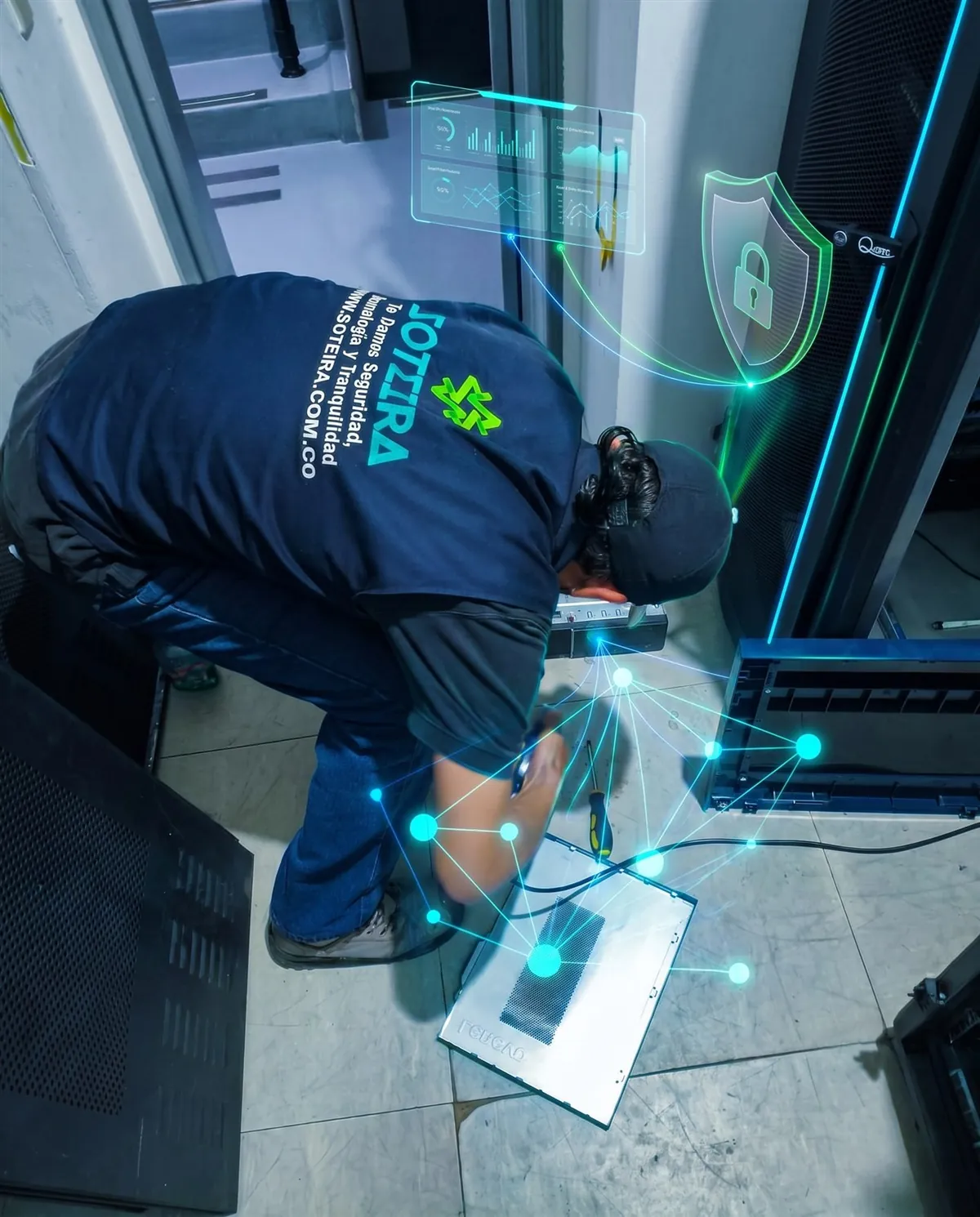 Técnico de Soteira trabajando en servidores de un centro de datos